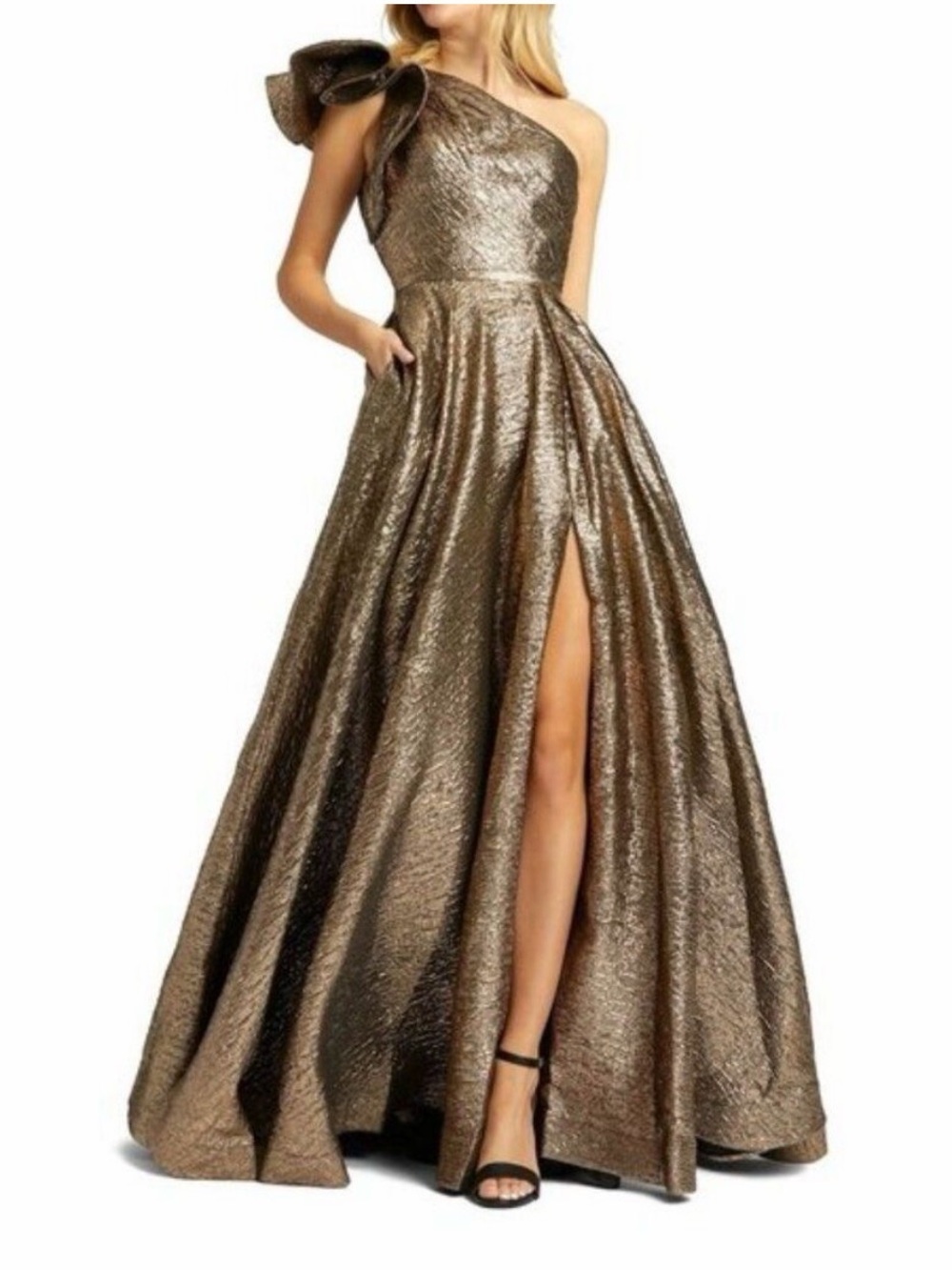 Mac Duggal 67297 Womens One Shoulder Metallic Ballgown Gown Dress Antique Bronze